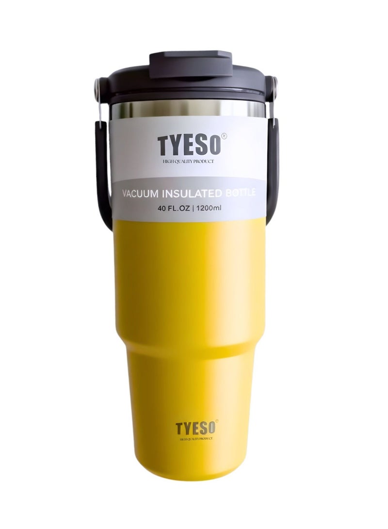 TYESO 1200ml Vacuum Insulated Tumbler 40oz Stainless Steel Travel Mug with Handle & Lid – Double Wall Thermal Water Bottle for Hot & Cold Drinks, Leakproof Large Capacity Cup – Yellow - Image 2